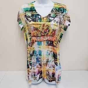 B.L.E.U. Womens V-neck Embellished Peace Top Bleu Size Small